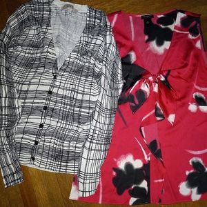 Plaid sweater and pink floral blouse